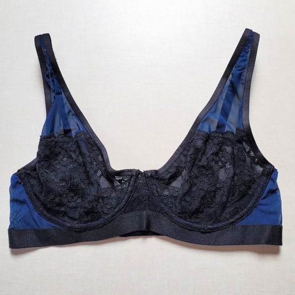 3/30$ ๐ Blush Esprit Plunge Bra Blue Black Mesh - Picture 2 of 8